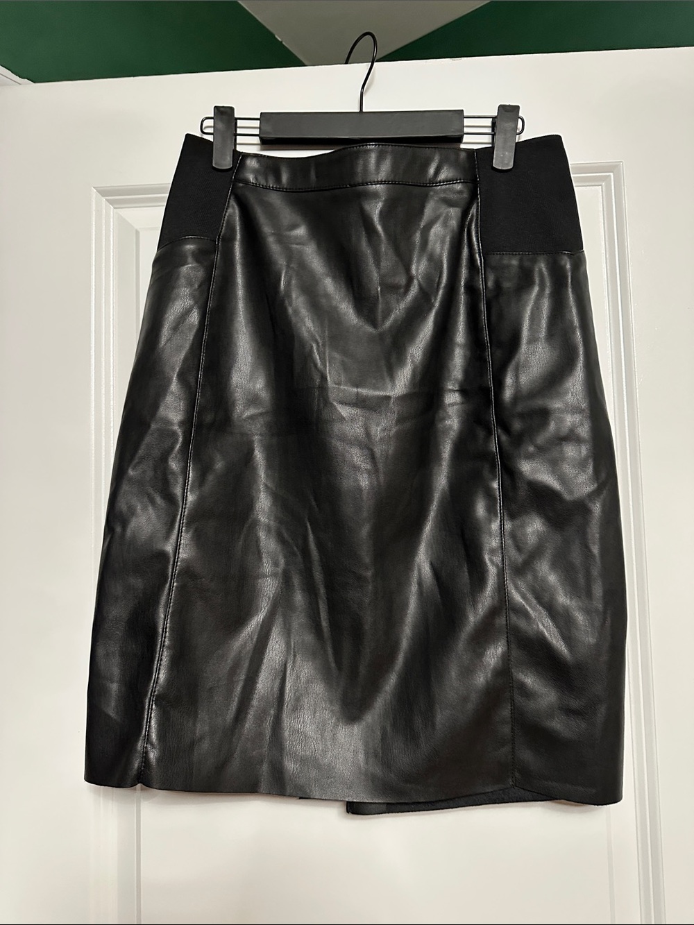 Black Faux Leather Pencil Skirt with Elastic Side Panels